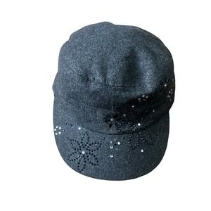 Y2K SCALA PRONTO Women's Charcoal Gray Wool Blend Embellished Cadet Hat One Size